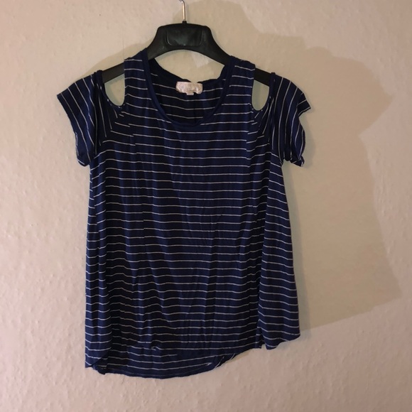 Blue and White Striped Open Shoulder Tee - Picture 2 of 8